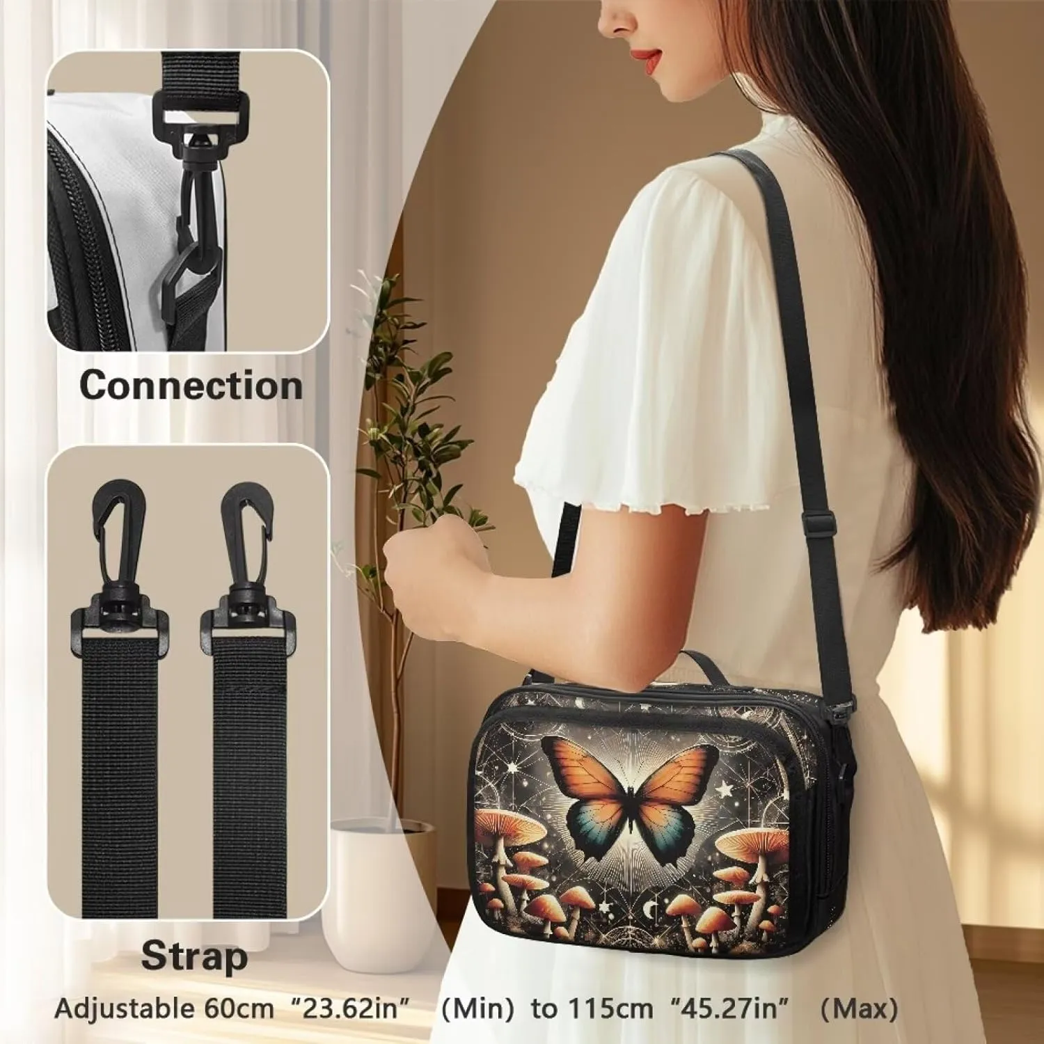 Gomyblomy Stroller Caddy Butterfly Mushroom Stroller Organizer Bag with Adjustable Shoulder Strap Aesthetic Baby Stroller Diaper Bag Tote Large Capacity Nursery Storage Bag for Mommy