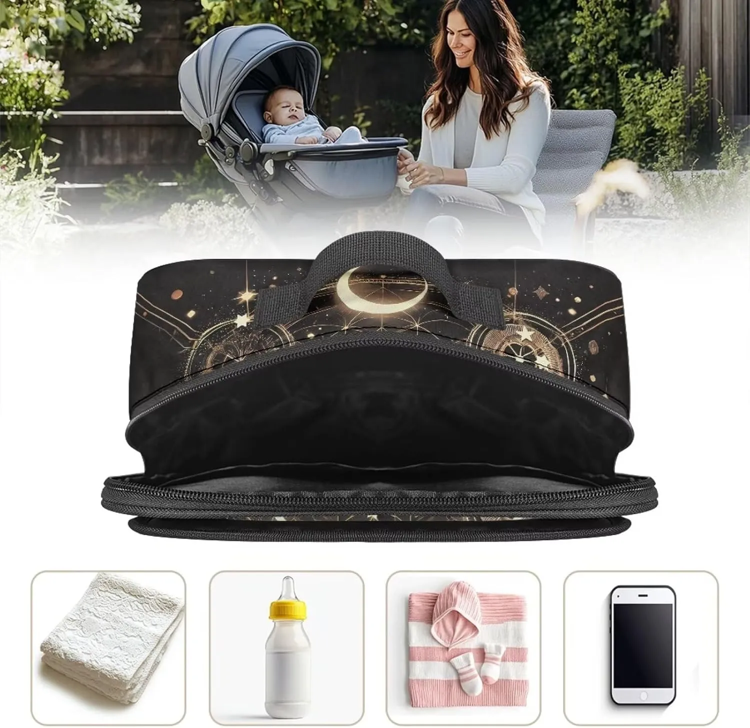 Gomyblomy Stroller Caddy Butterfly Mushroom Stroller Organizer Bag with Adjustable Shoulder Strap Aesthetic Baby Stroller Diaper Bag Tote Large Capacity Nursery Storage Bag for Mommy