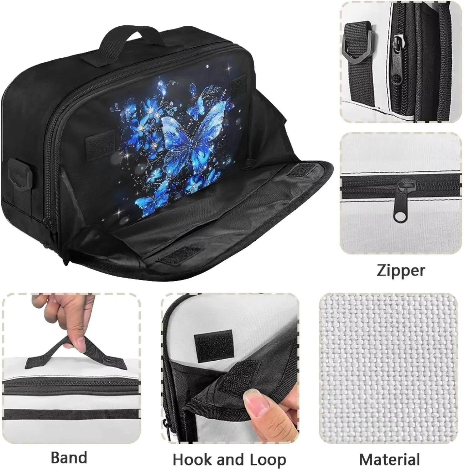 Gomyblomy Stroller Organizer Blue Butterfly Universal Stroller Organizer with Zippers Large Capacity Baby Stroller Caddy Diaper Storage Bags with Detachable Shoulder Strap for Travel