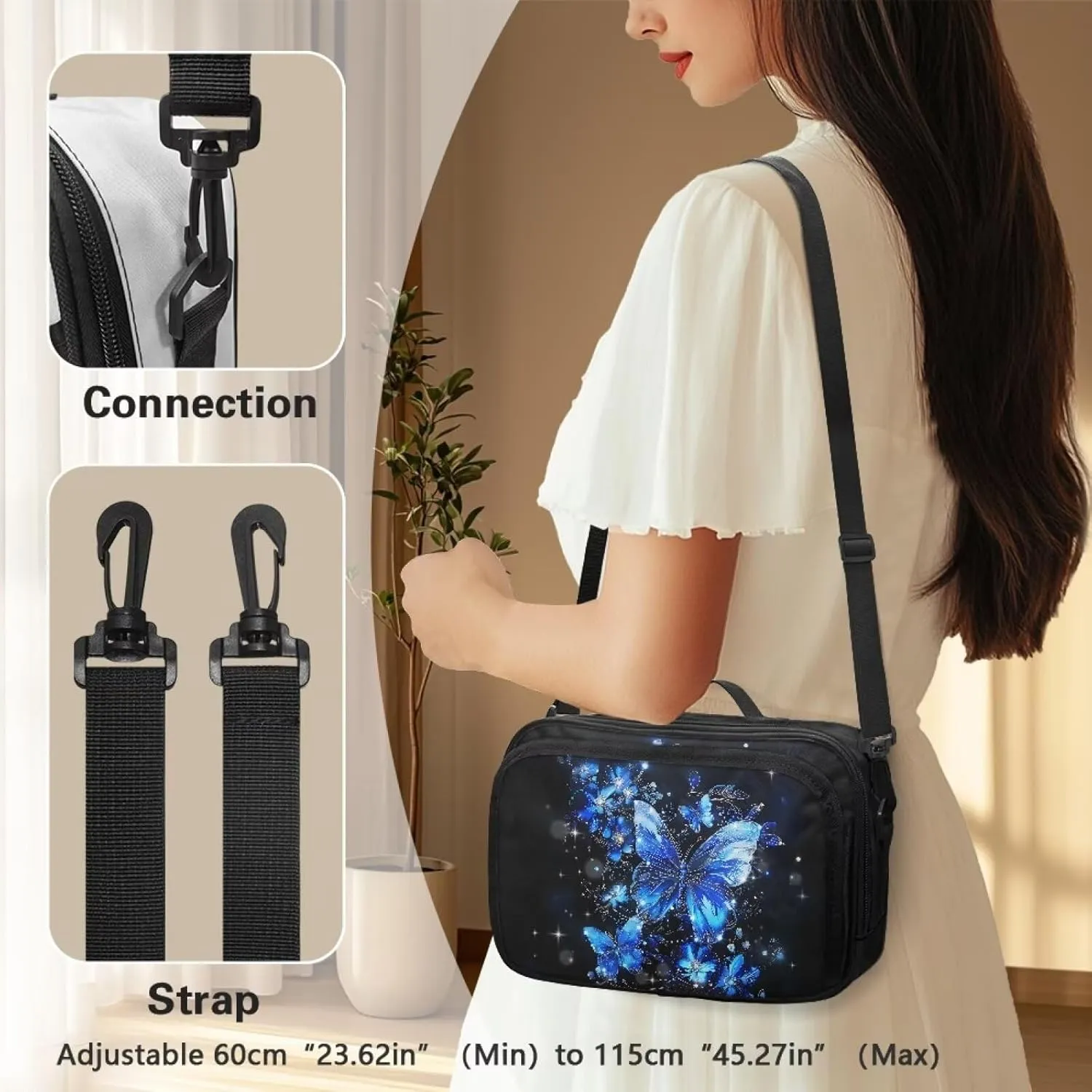 Gomyblomy Stroller Organizer Blue Butterfly Universal Stroller Organizer with Zippers Large Capacity Baby Stroller Caddy Diaper Storage Bags with Detachable Shoulder Strap for Travel