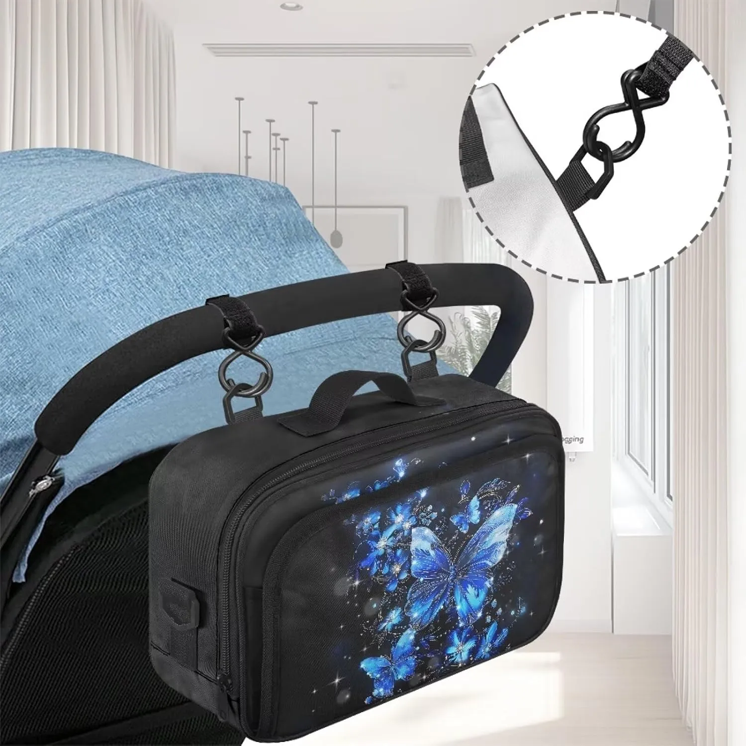 Gomyblomy Stroller Organizer Blue Butterfly Universal Stroller Organizer with Zippers Large Capacity Baby Stroller Caddy Diaper Storage Bags with Detachable Shoulder Strap for Travel