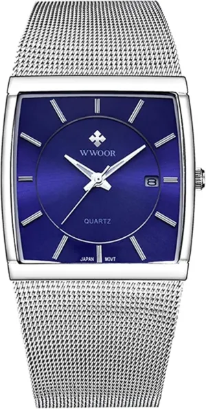 Gosasa Men Watch Classic Analog Quartz Date Stainless Steel Milanese Mesh Band Ultra-Thin Rectangle Dial Luminous