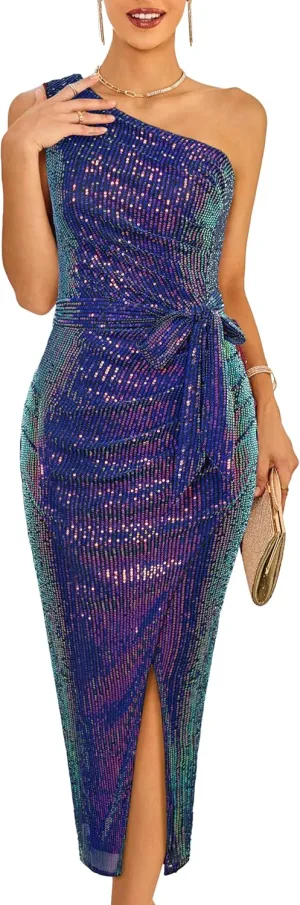 GRACE KARIN Women Sleeveless One Shoulder Sequin Dress Sparkly Glitter Wrap Dress Cocktail Wedding Maxi Dresses with Slit