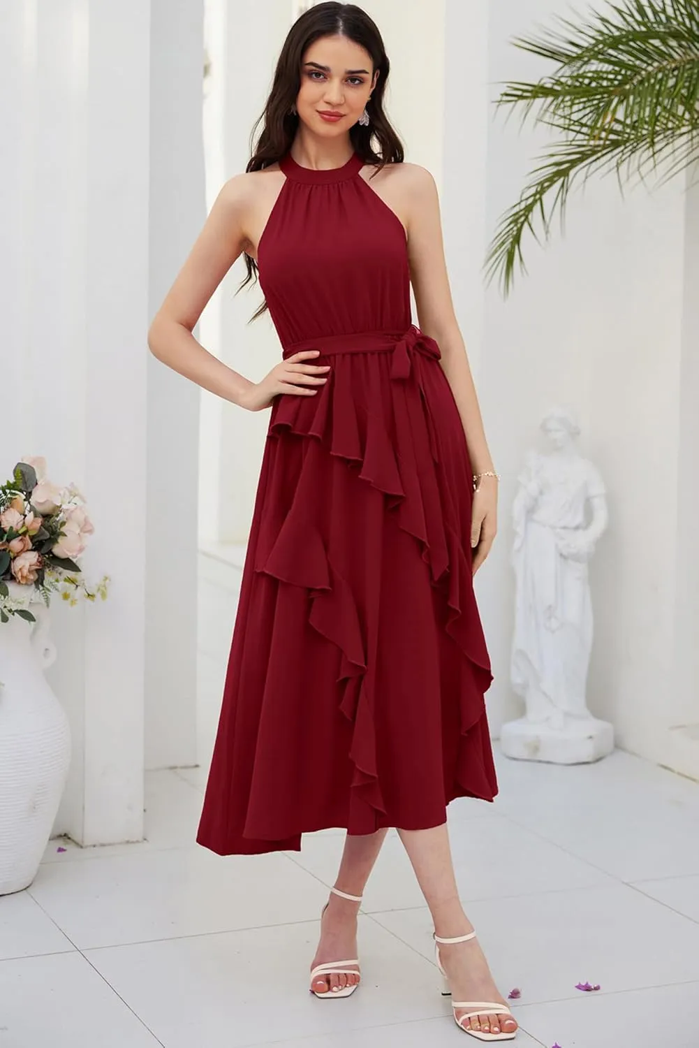 GRACE KARIN Women's 2024 Summer Sleeveless Halter Neck Ruffle Hem Split Flowy Swing Long Midi Dress with Belt