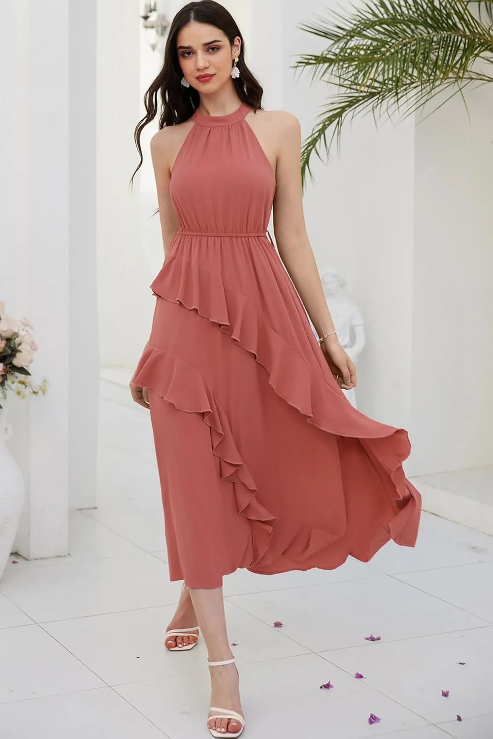 GRACE KARIN Women's 2024 Summer Sleeveless Halter Neck Ruffle Hem Split Flowy Swing Long Midi Dress with Belt
