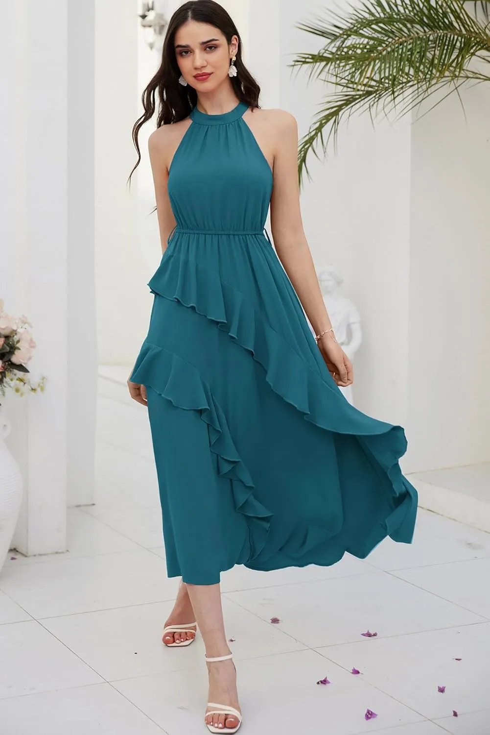 GRACE KARIN Women's 2024 Summer Sleeveless Halter Neck Ruffle Hem Split Flowy Swing Long Midi Dress with Belt