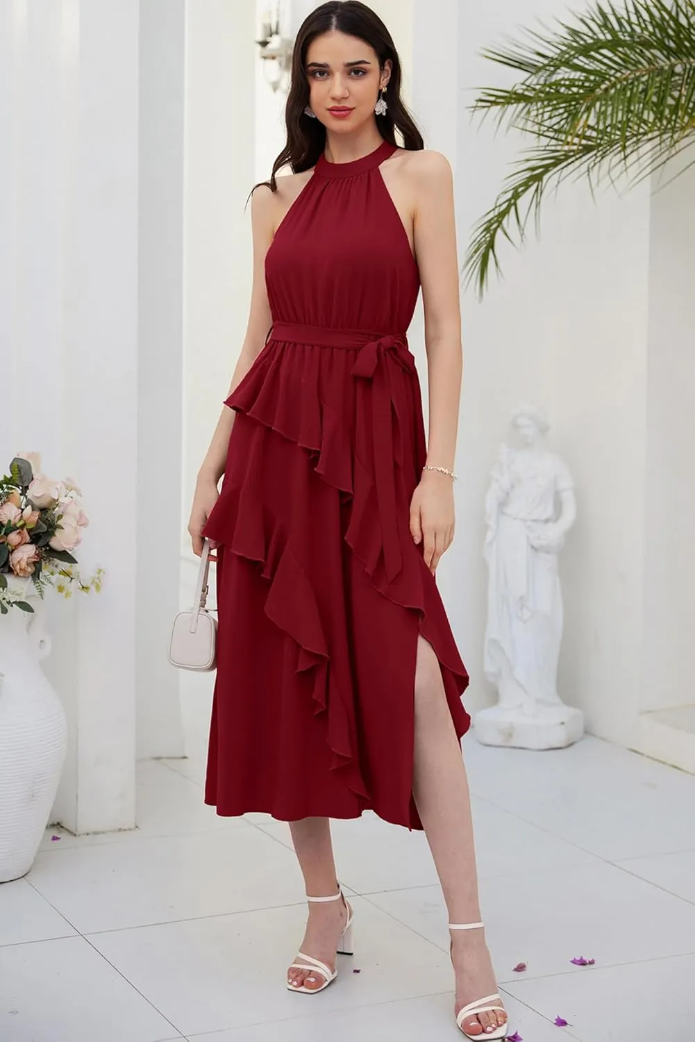 GRACE KARIN Women's 2024 Summer Sleeveless Halter Neck Ruffle Hem Split Flowy Swing Long Midi Dress with Belt