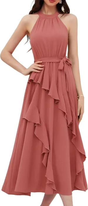 GRACE KARIN Women's 2024 Summer Sleeveless Halter Neck Ruffle Hem Split Flowy Swing Long Midi Dress with Belt