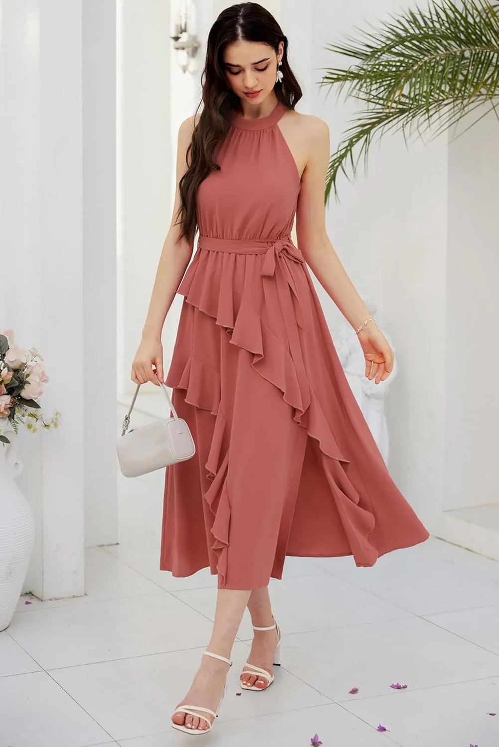 GRACE KARIN Women's 2024 Summer Sleeveless Halter Neck Ruffle Hem Split Flowy Swing Long Midi Dress with Belt