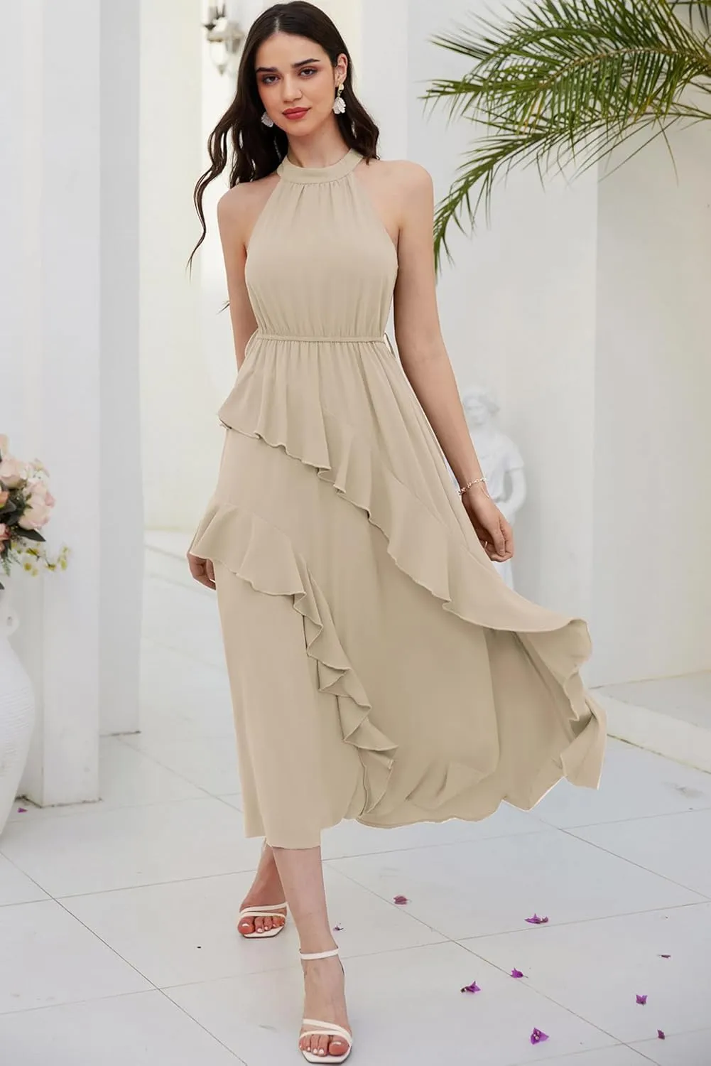 GRACE KARIN Women's 2024 Summer Sleeveless Halter Neck Ruffle Hem Split Flowy Swing Long Midi Dress with Belt