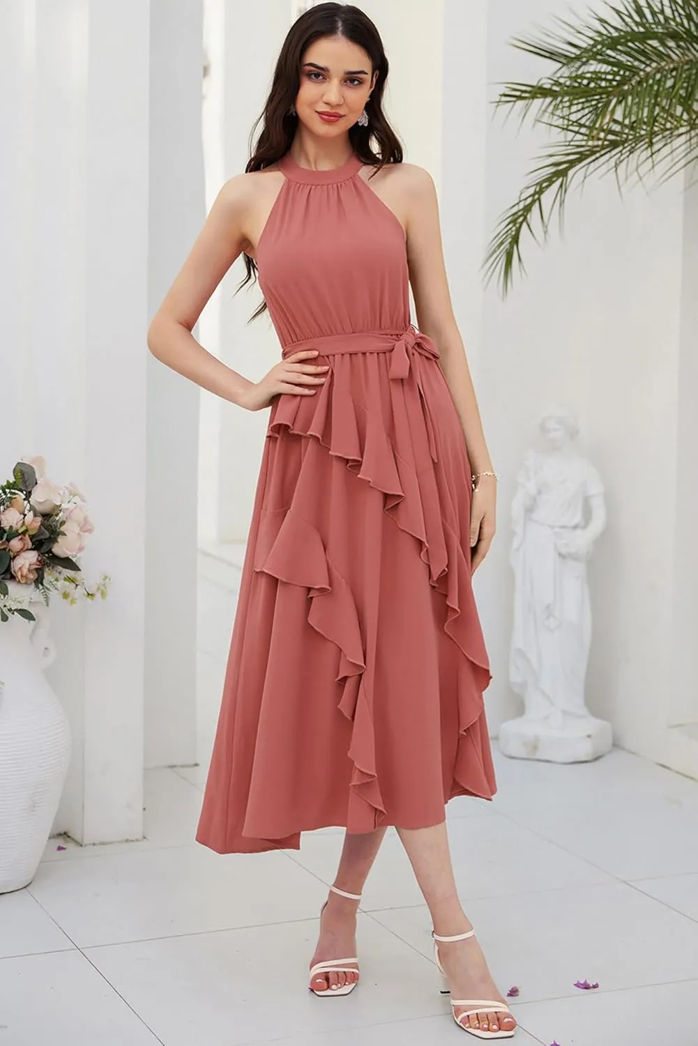 GRACE KARIN Women's 2024 Summer Sleeveless Halter Neck Ruffle Hem Split Flowy Swing Long Midi Dress with Belt
