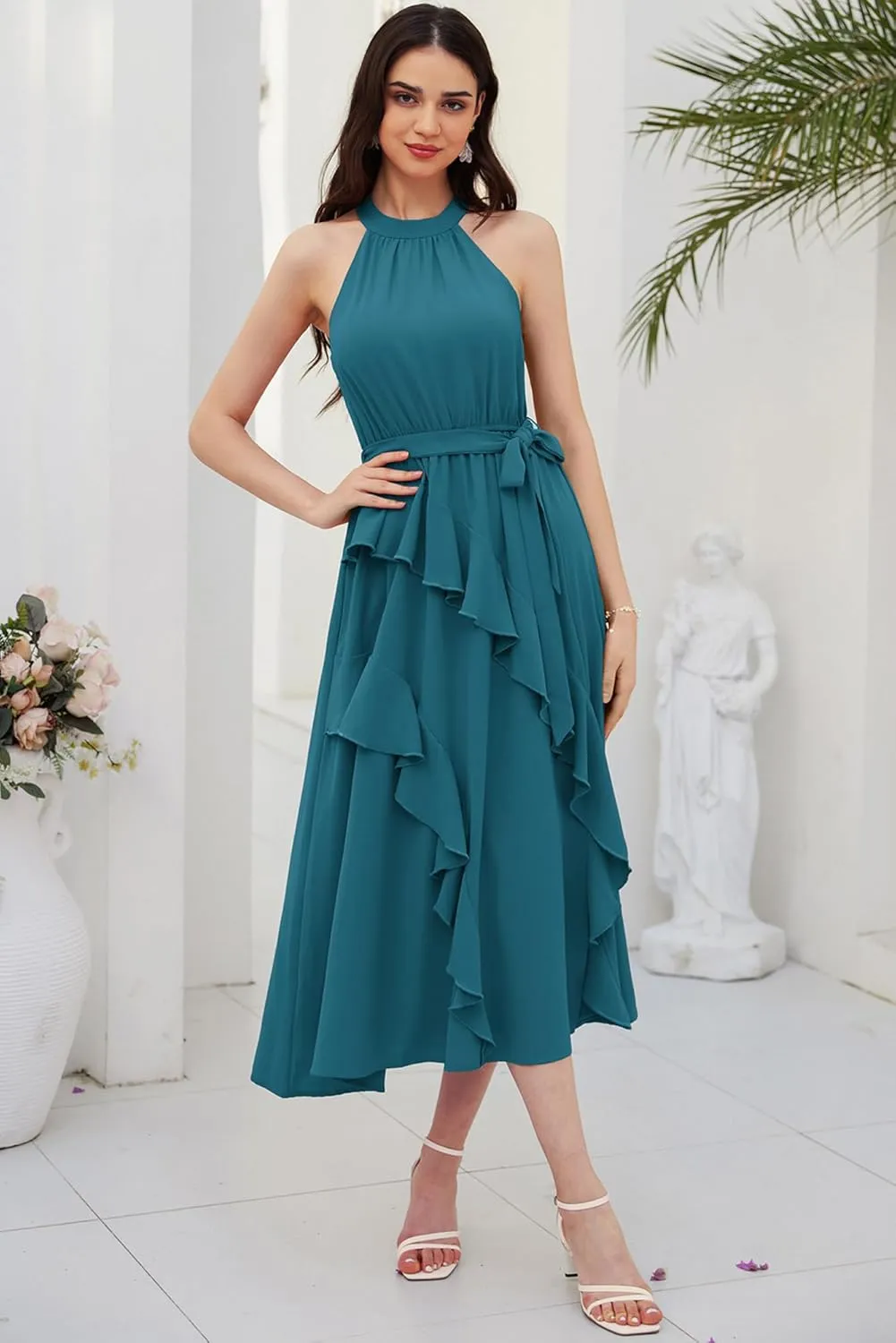GRACE KARIN Women's 2024 Summer Sleeveless Halter Neck Ruffle Hem Split Flowy Swing Long Midi Dress with Belt