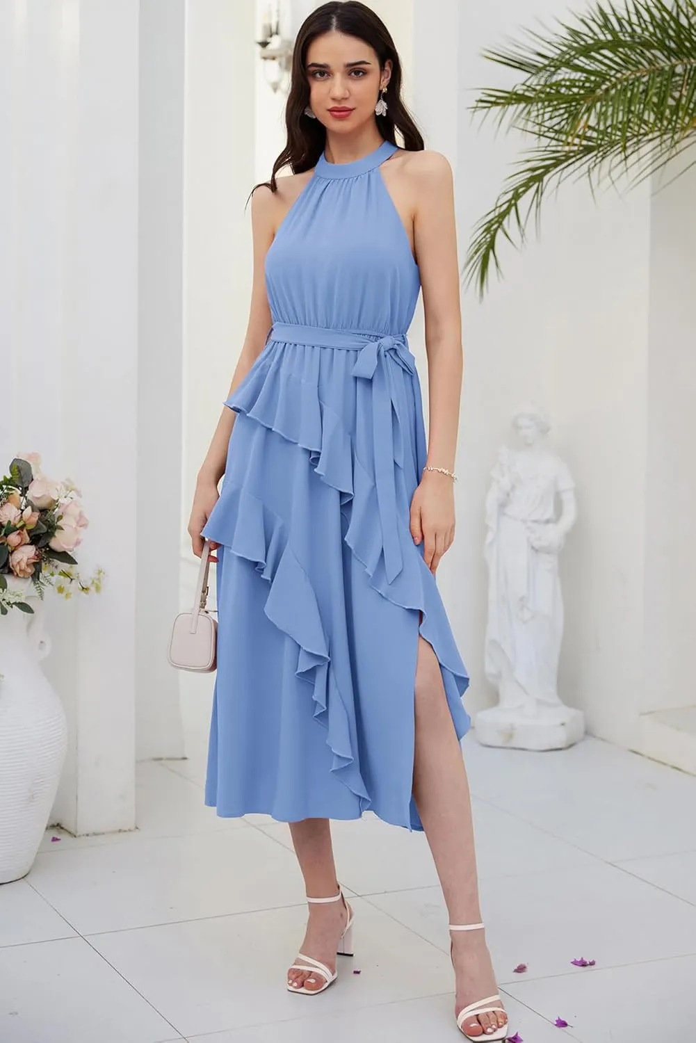 GRACE KARIN Women's 2024 Summer Sleeveless Halter Neck Ruffle Hem Split Flowy Swing Long Midi Dress with Belt