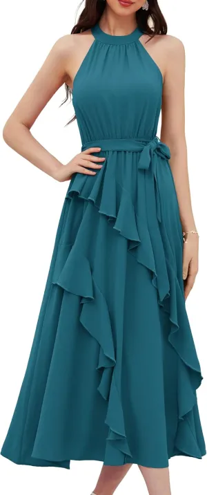 GRACE KARIN Women's 2024 Summer Sleeveless Halter Neck Ruffle Hem Split Flowy Swing Long Midi Dress with Belt