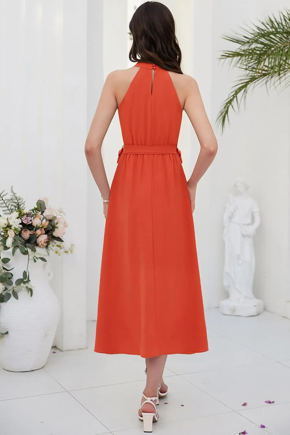 GRACE KARIN Women's 2024 Summer Sleeveless Halter Neck Ruffle Hem Split Flowy Swing Long Midi Dress with Belt