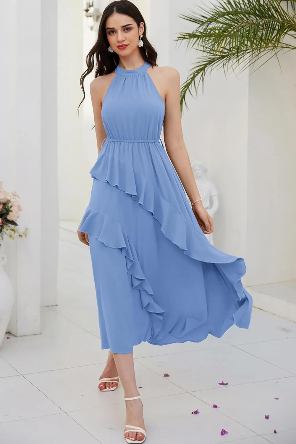 GRACE KARIN Women's 2024 Summer Sleeveless Halter Neck Ruffle Hem Split Flowy Swing Long Midi Dress with Belt
