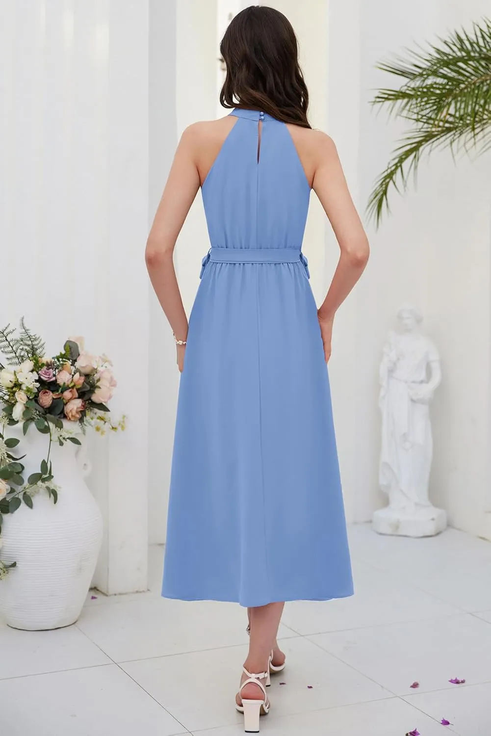 GRACE KARIN Women's 2024 Summer Sleeveless Halter Neck Ruffle Hem Split Flowy Swing Long Midi Dress with Belt