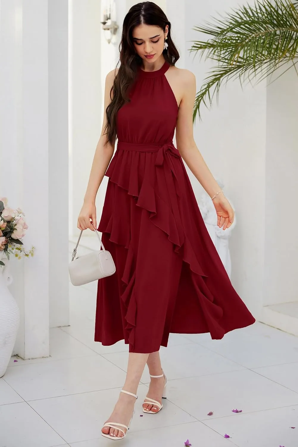 GRACE KARIN Women's 2024 Summer Sleeveless Halter Neck Ruffle Hem Split Flowy Swing Long Midi Dress with Belt