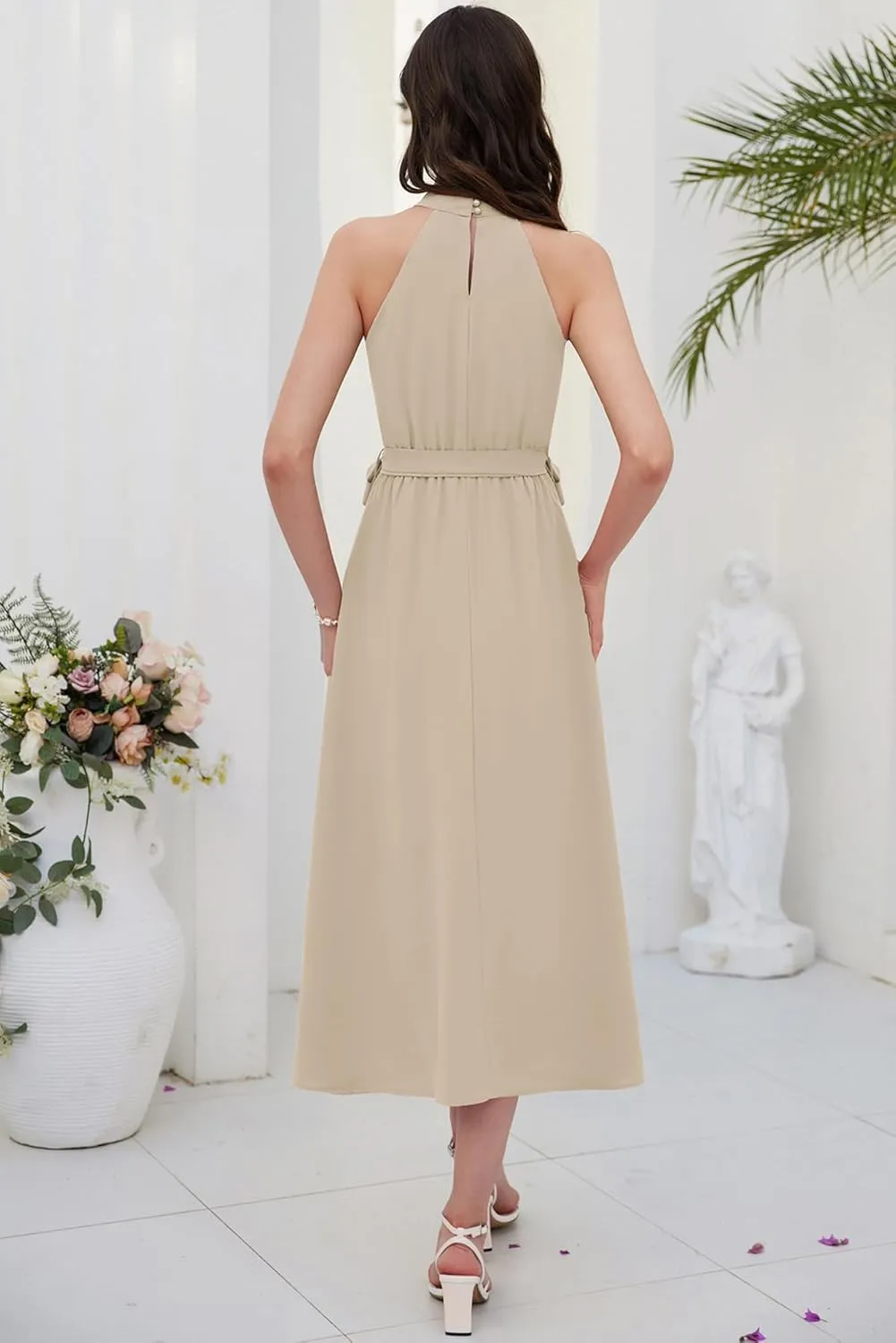 GRACE KARIN Women's 2024 Summer Sleeveless Halter Neck Ruffle Hem Split Flowy Swing Long Midi Dress with Belt