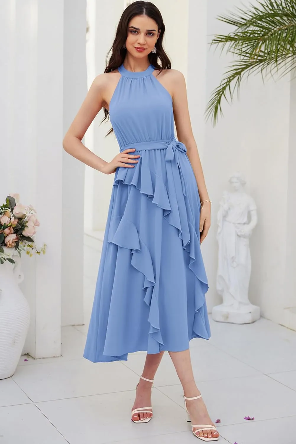 GRACE KARIN Women's 2024 Summer Sleeveless Halter Neck Ruffle Hem Split Flowy Swing Long Midi Dress with Belt