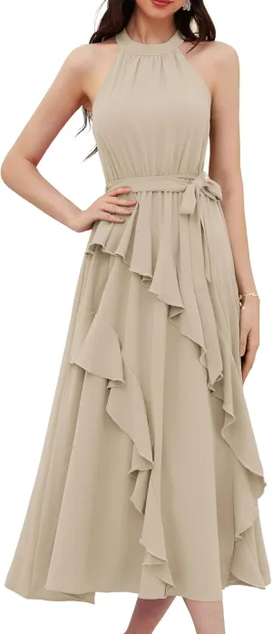 GRACE KARIN Women's 2024 Summer Sleeveless Halter Neck Ruffle Hem Split Flowy Swing Long Midi Dress with Belt