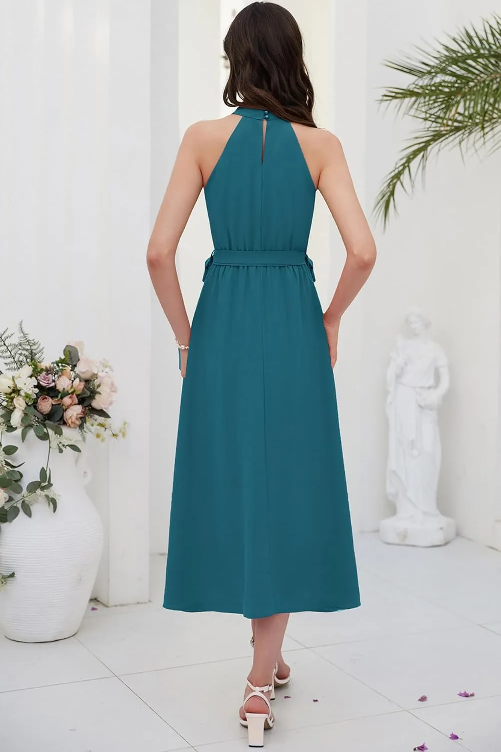 GRACE KARIN Women's 2024 Summer Sleeveless Halter Neck Ruffle Hem Split Flowy Swing Long Midi Dress with Belt