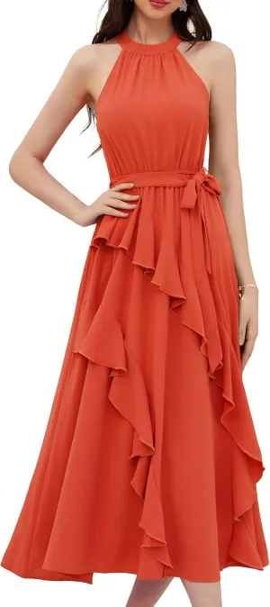 GRACE KARIN Women's 2024 Summer Sleeveless Halter Neck Ruffle Hem Split Flowy Swing Long Midi Dress with Belt