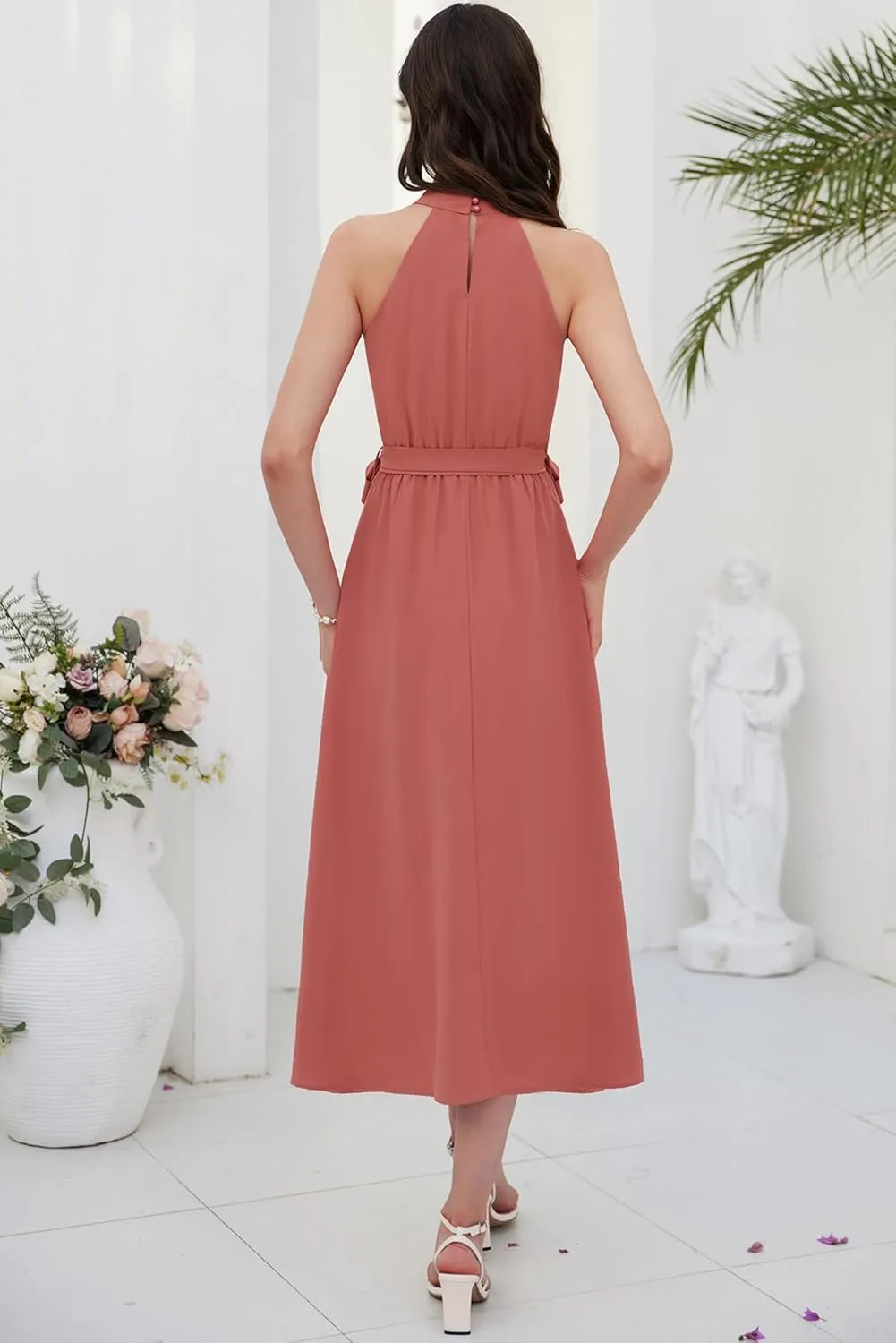 GRACE KARIN Women's 2024 Summer Sleeveless Halter Neck Ruffle Hem Split Flowy Swing Long Midi Dress with Belt