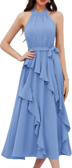 GRACE KARIN Women's 2024 Summer Sleeveless Halter Neck Ruffle Hem Split Flowy Swing Long Midi Dress with Belt