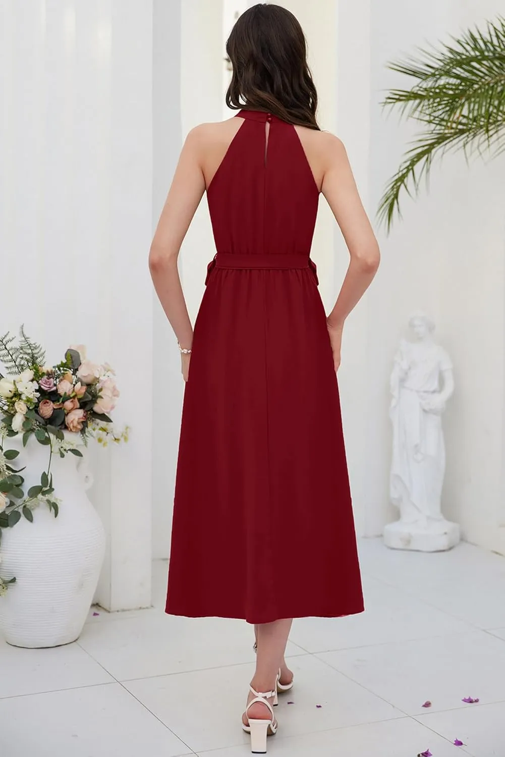 GRACE KARIN Women's 2024 Summer Sleeveless Halter Neck Ruffle Hem Split Flowy Swing Long Midi Dress with Belt