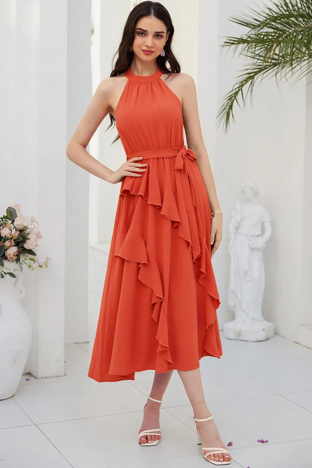 GRACE KARIN Women's 2024 Summer Sleeveless Halter Neck Ruffle Hem Split Flowy Swing Long Midi Dress with Belt