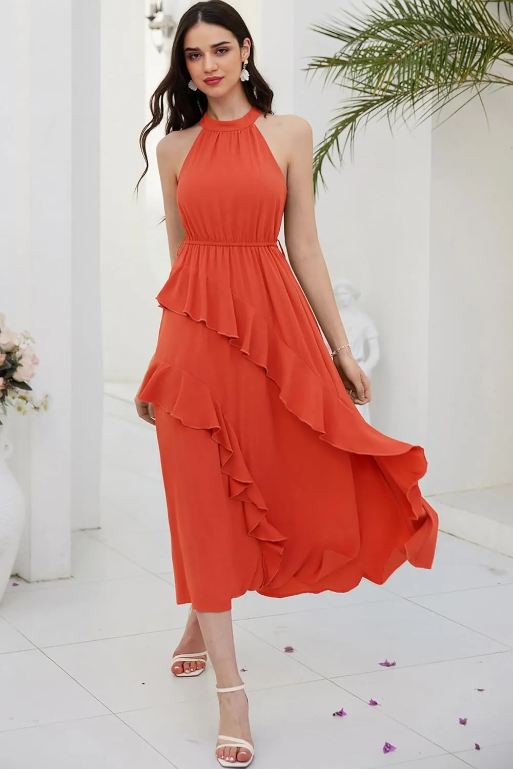 GRACE KARIN Women's 2024 Summer Sleeveless Halter Neck Ruffle Hem Split Flowy Swing Long Midi Dress with Belt