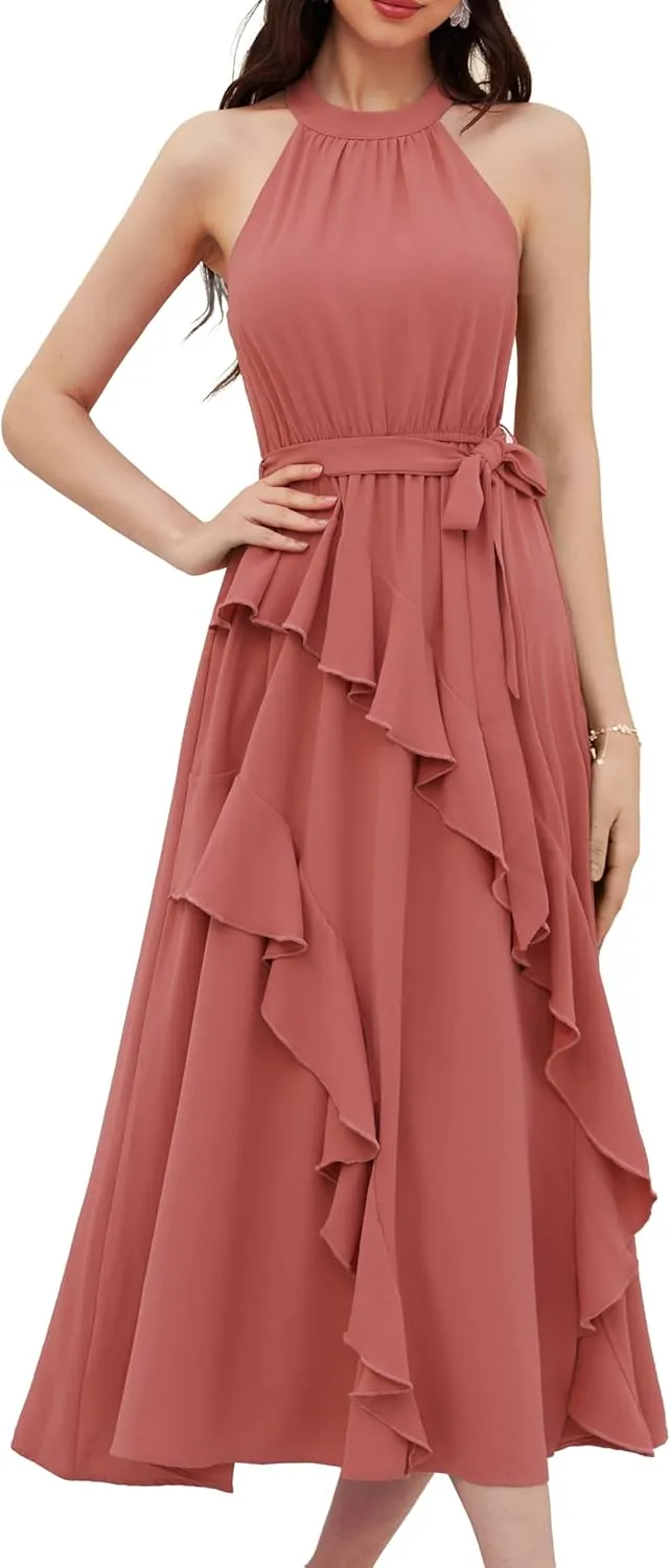 GRACE KARIN Women's 2024 Summer Sleeveless Halter Neck Ruffle Hem Split Flowy Swing Long Midi Dress with Belt