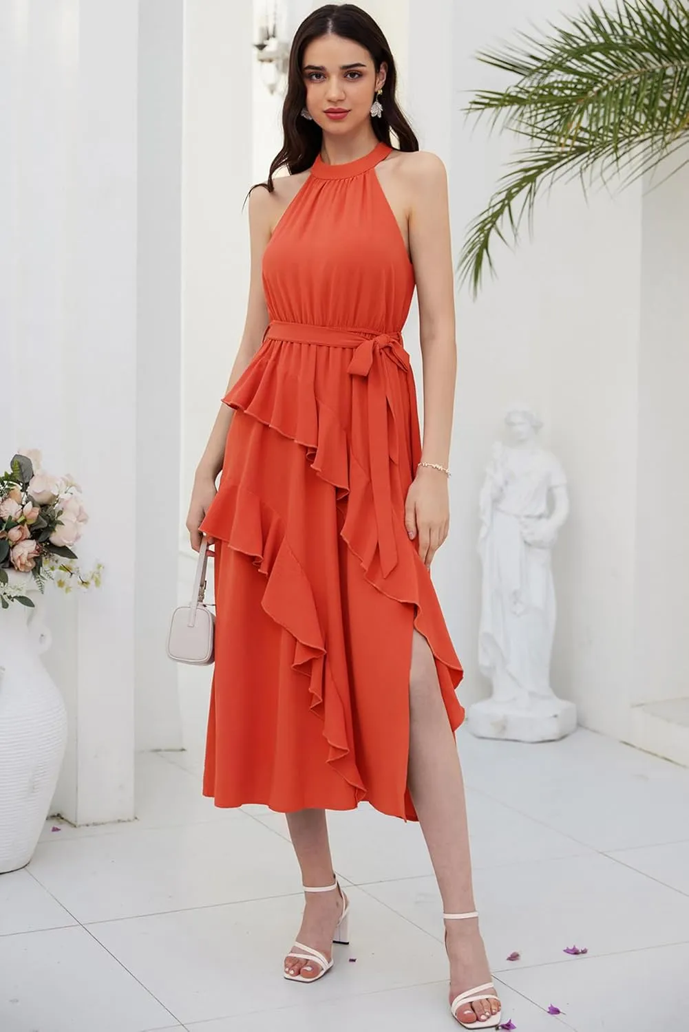 GRACE KARIN Women's 2024 Summer Sleeveless Halter Neck Ruffle Hem Split Flowy Swing Long Midi Dress with Belt