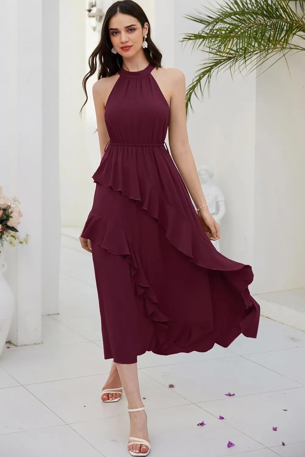 GRACE KARIN Women's 2024 Summer Sleeveless Halter Neck Ruffle Hem Split Flowy Swing Long Midi Dress with Belt