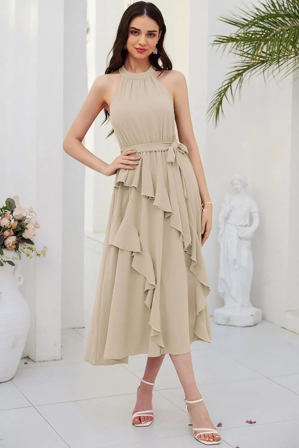 GRACE KARIN Women's 2024 Summer Sleeveless Halter Neck Ruffle Hem Split Flowy Swing Long Midi Dress with Belt