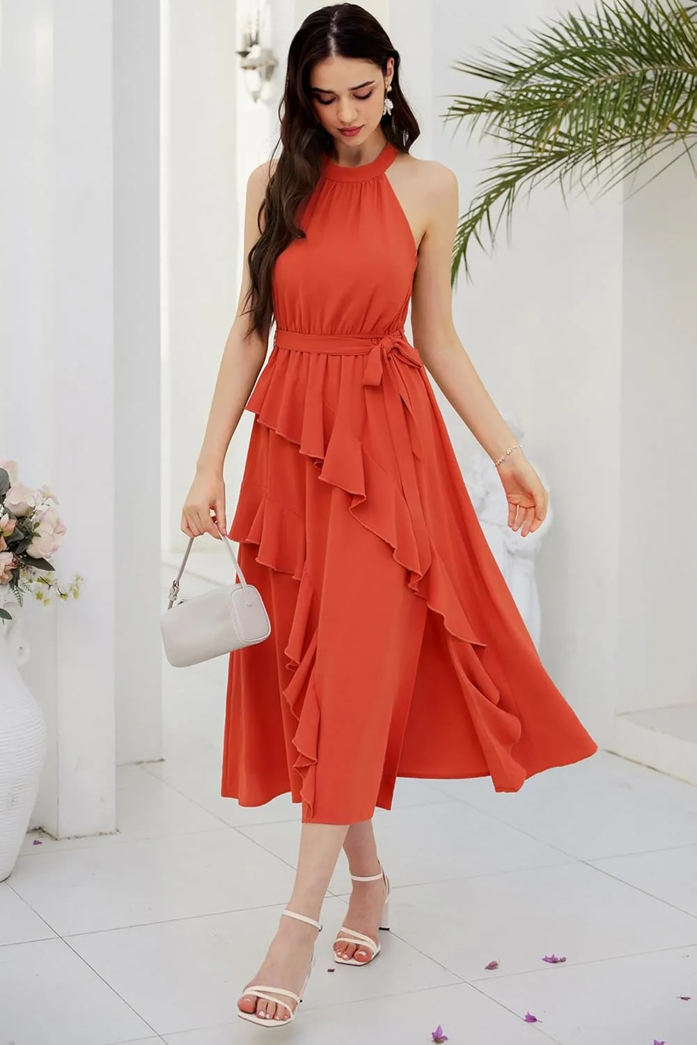 GRACE KARIN Women's 2024 Summer Sleeveless Halter Neck Ruffle Hem Split Flowy Swing Long Midi Dress with Belt