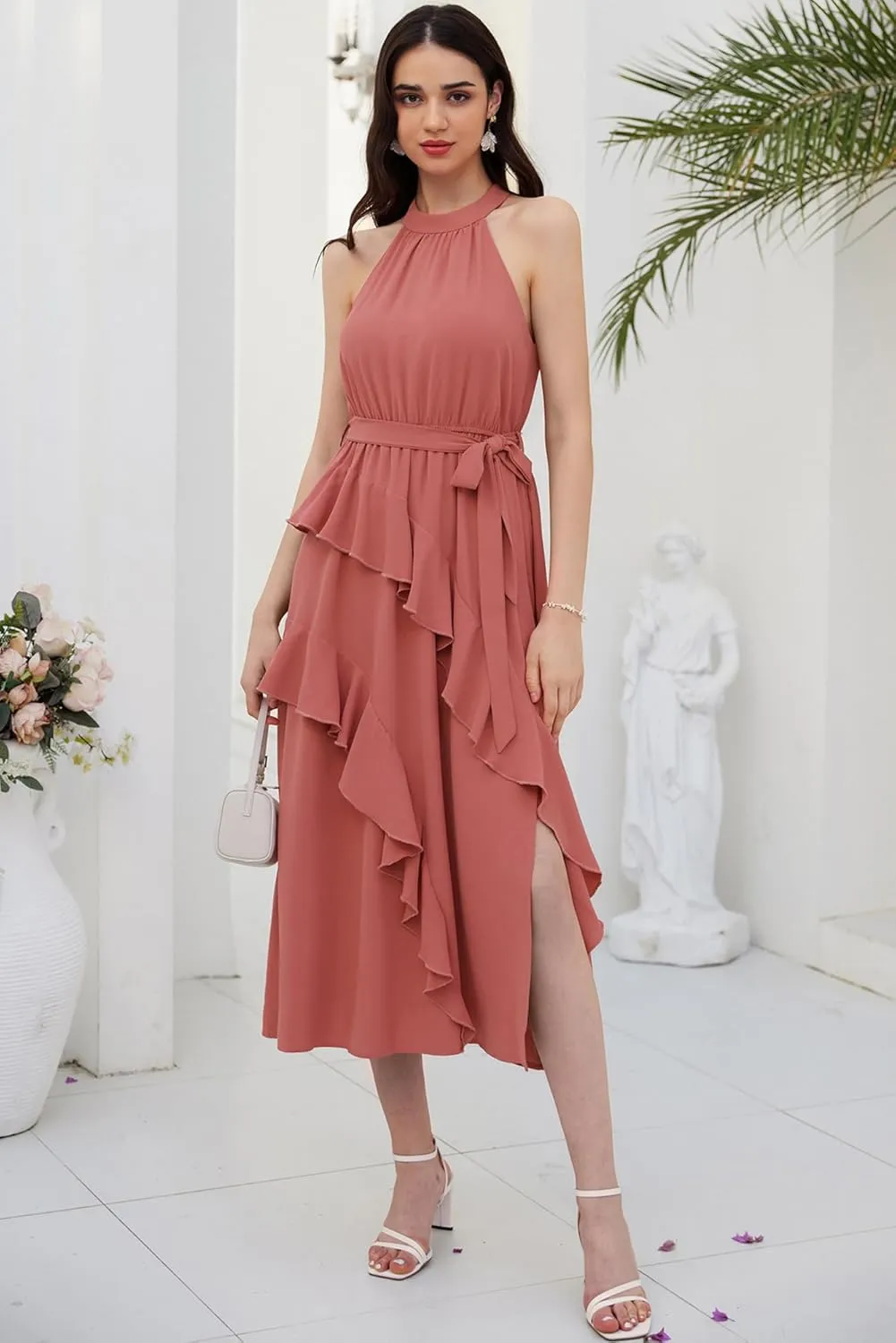 GRACE KARIN Women's 2024 Summer Sleeveless Halter Neck Ruffle Hem Split Flowy Swing Long Midi Dress with Belt