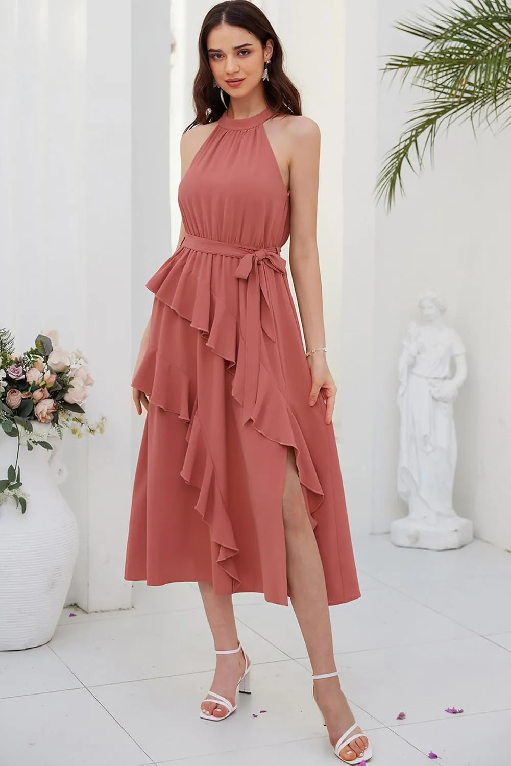 GRACE KARIN Women's 2024 Summer Sleeveless Halter Neck Ruffle Hem Split Flowy Swing Long Midi Dress with Belt