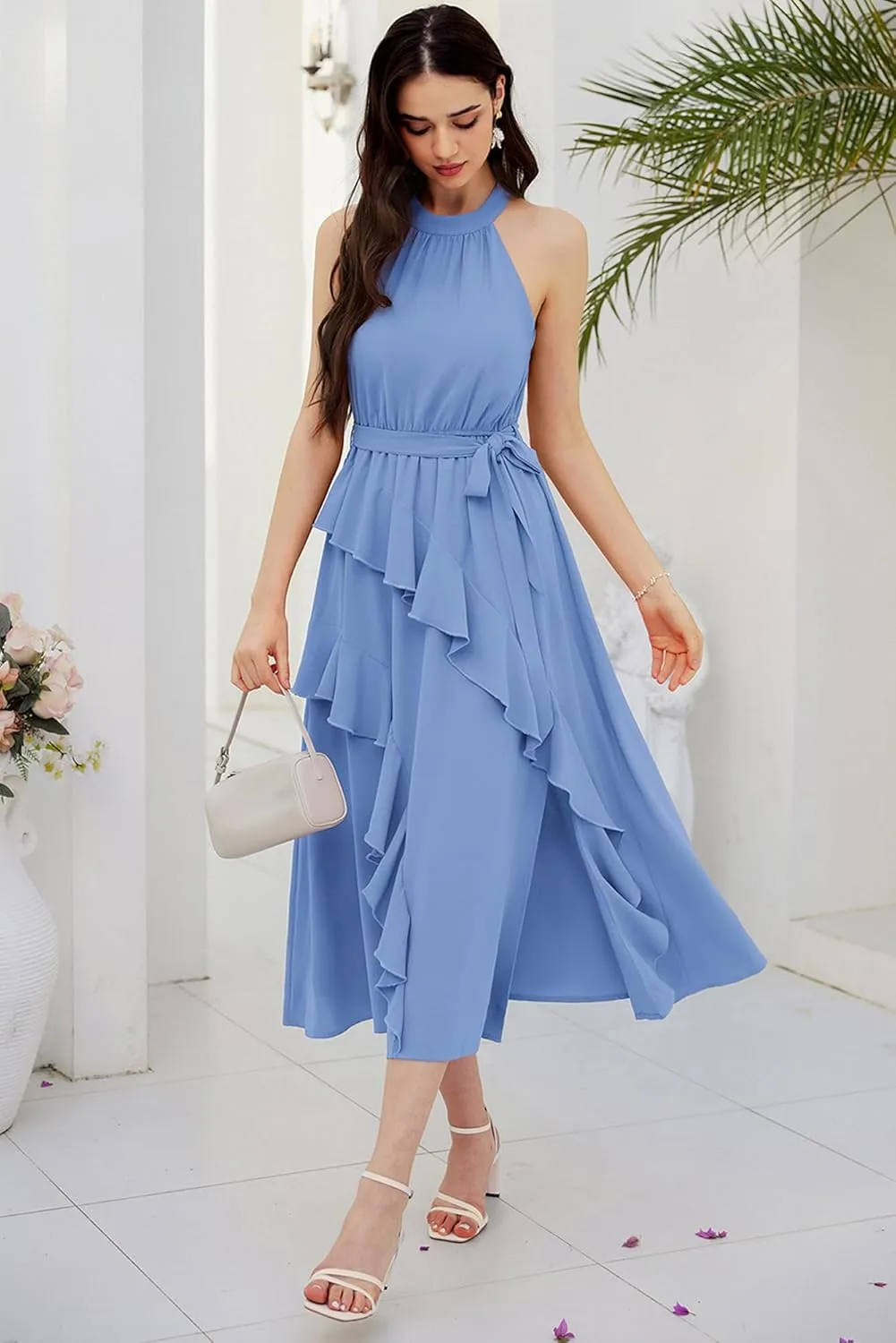 GRACE KARIN Women's 2024 Summer Sleeveless Halter Neck Ruffle Hem Split Flowy Swing Long Midi Dress with Belt