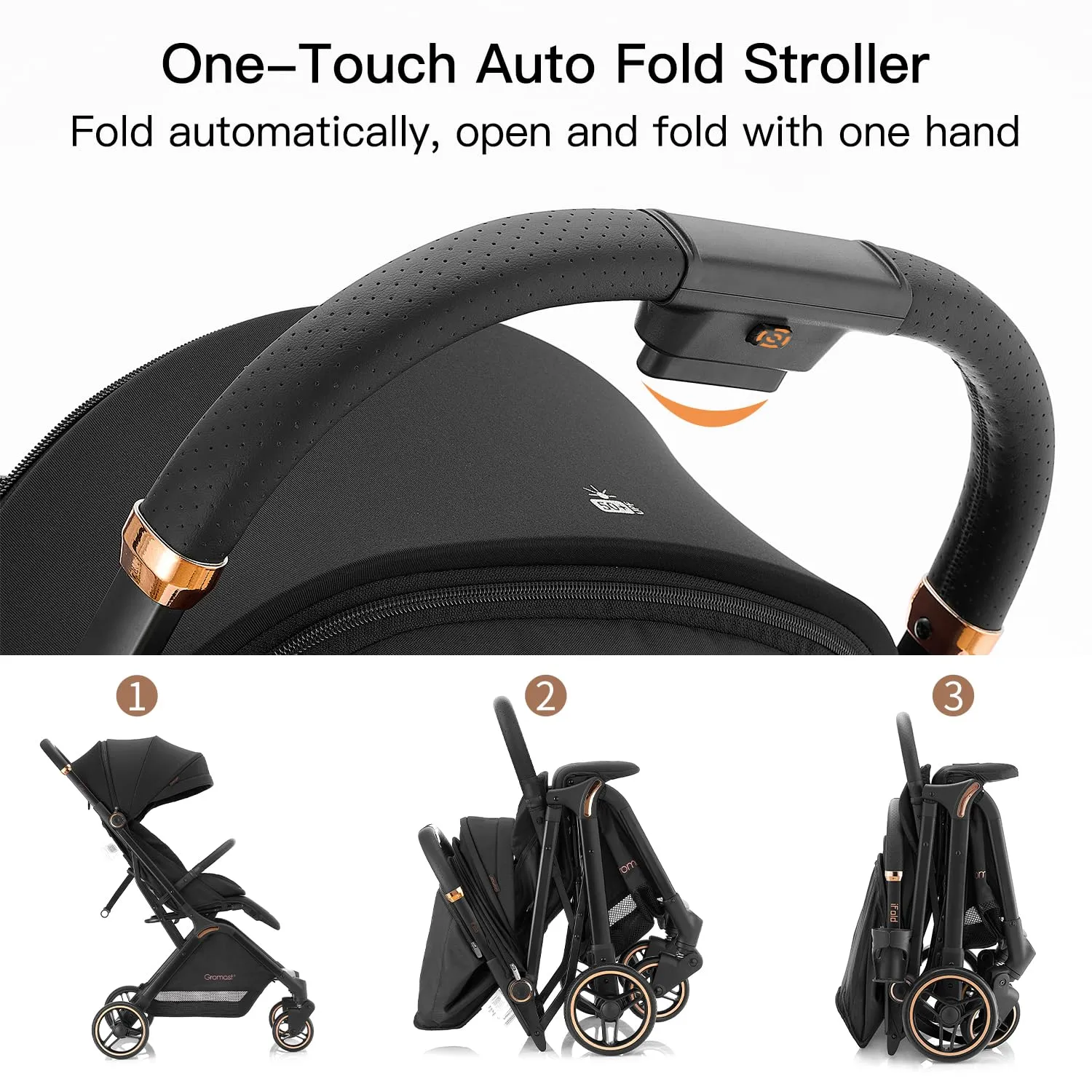 Gravity Folding Baby Stroller - Portable Travel Toddler Stroller w/Adjustable Backrest & Canopy, Lightweight and UV Protected, One-Hand Automatic Folding - Black
