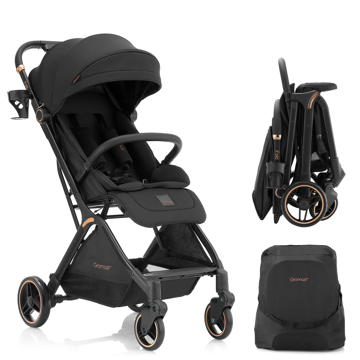 Gravity Folding Baby Stroller - Portable Travel Toddler Stroller w/Adjustable Backrest & Canopy, Lightweight and UV Protected, One-Hand Automatic Folding - Black