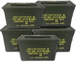 Green Ammo Storage Can (5 Pack) – Carbon Steel & Aluminum Metal Ammo Lockable Gear Box w/Hinged Lid, Tension clamp & Carrying Handle (30 cal)