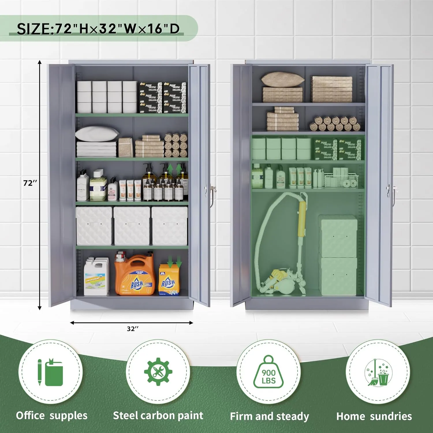 Greenvelly Metal Storage Cabinet, Locking Steel Cabinet with 2 Doors and 4 Adjustable Shelves, 71" Utility Metal Filing Organization with Lock for Home Office, Garage, Classroom (Dark Gray)