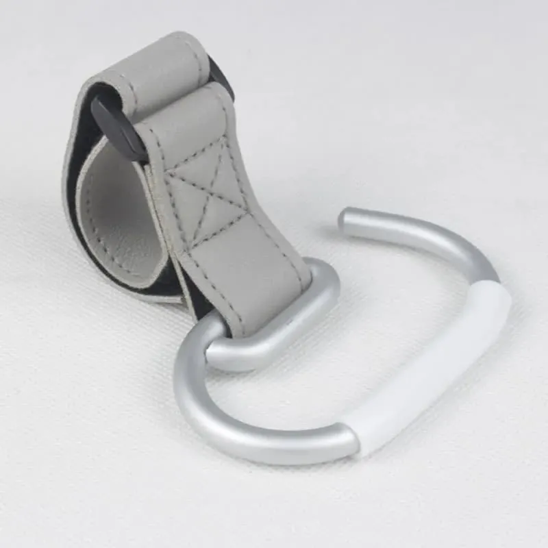 Grey Stroller Hooks 4-Pack - Leather and Alloy Pram Hooks with Velcro for Mom Bags and Accessories
