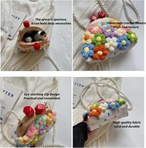 Hand-Knit Floral Tote Bag with Pearl Chain Strap – Vibrant Summer Clutch, Boho Chic Colorful Flowers Knitted Elegance Purse