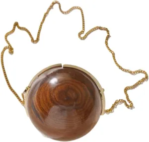 Handcrafted Brown Wooden Ball Clutch with Gold Chain, Evening Handbag