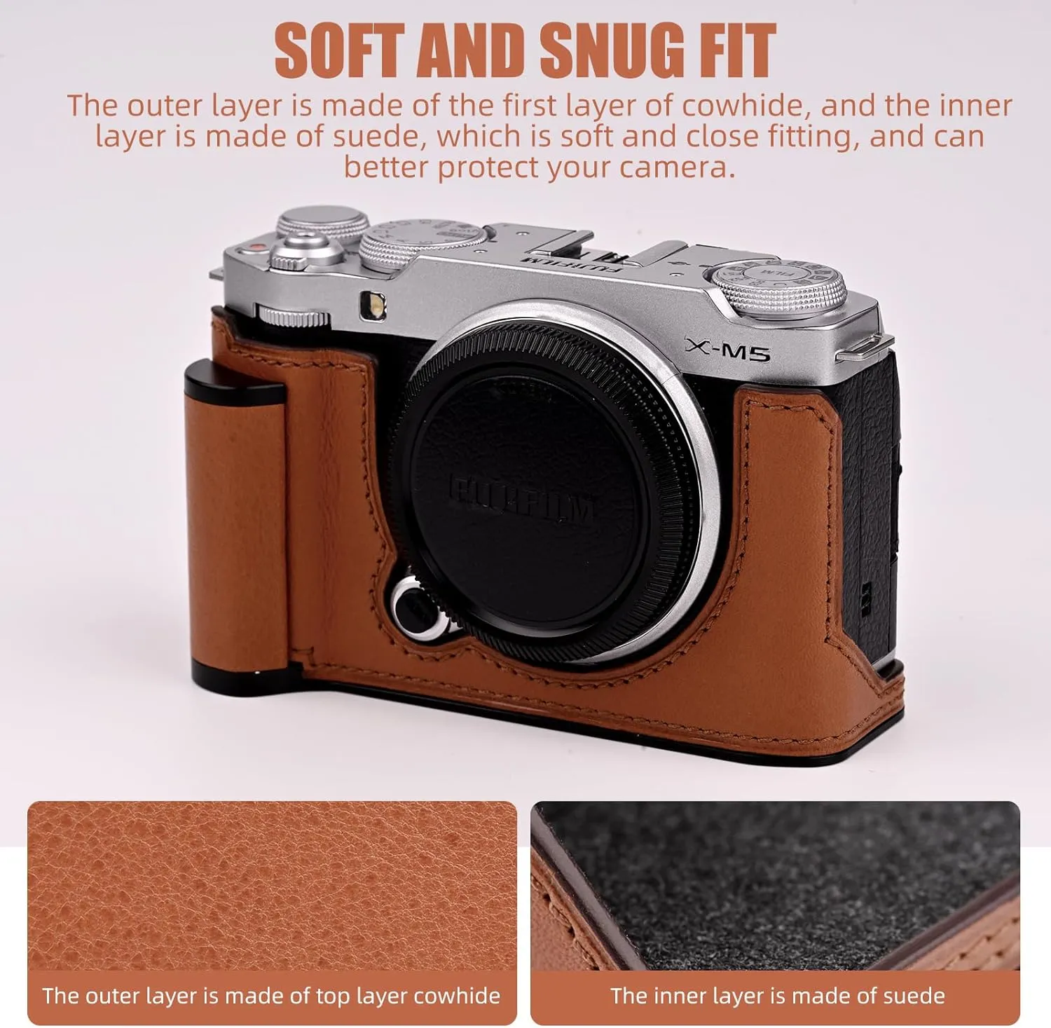 Handmade Genuine Leather Camera Half Case for Fujifilm X-M5/Fujifilm X-M5 Camera Case/Fujifilm X-M5 Case - Top Layer Cowhide Body   Metal Base Plate  Hand Shank Design (Brown M-BOX)