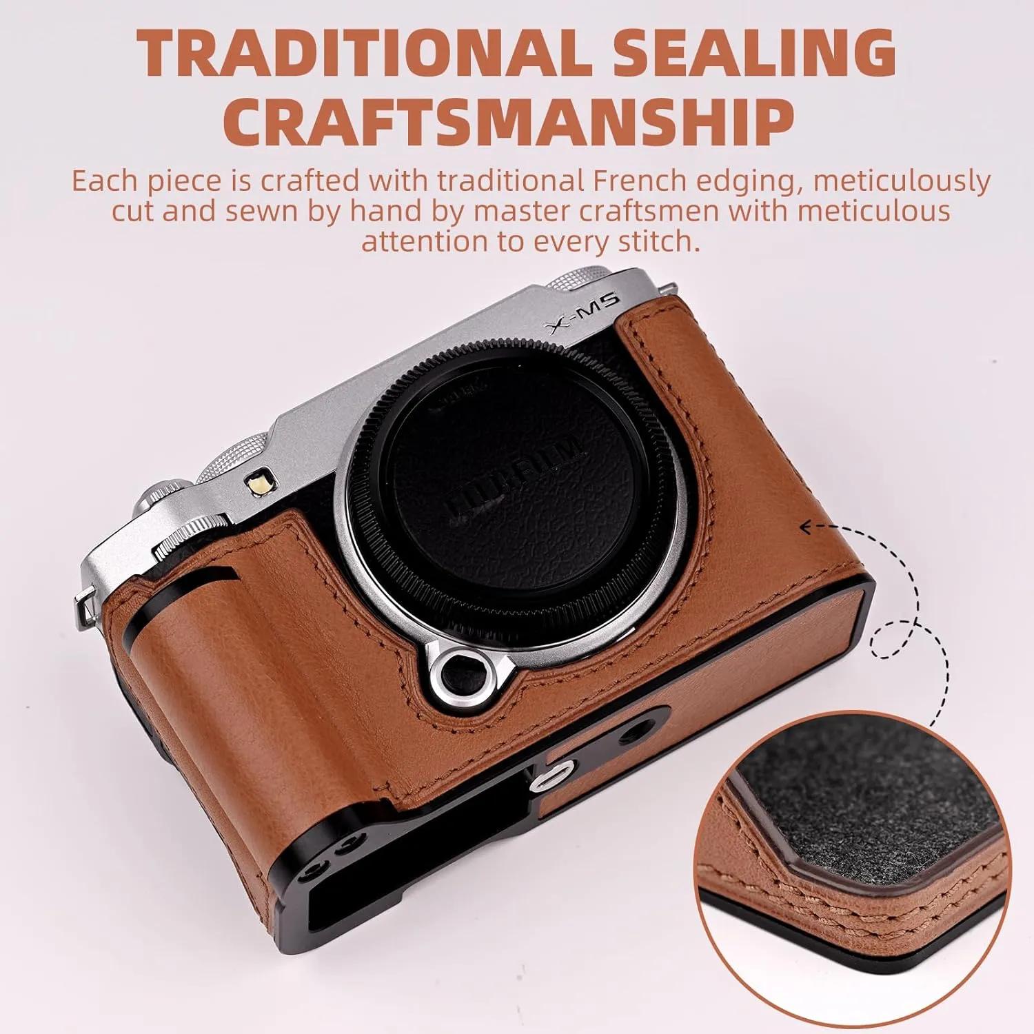 Handmade Genuine Leather Camera Half Case for Fujifilm X-M5/Fujifilm X-M5 Camera Case/Fujifilm X-M5 Case - Top Layer Cowhide Body   Metal Base Plate  Hand Shank Design (Brown M-BOX)