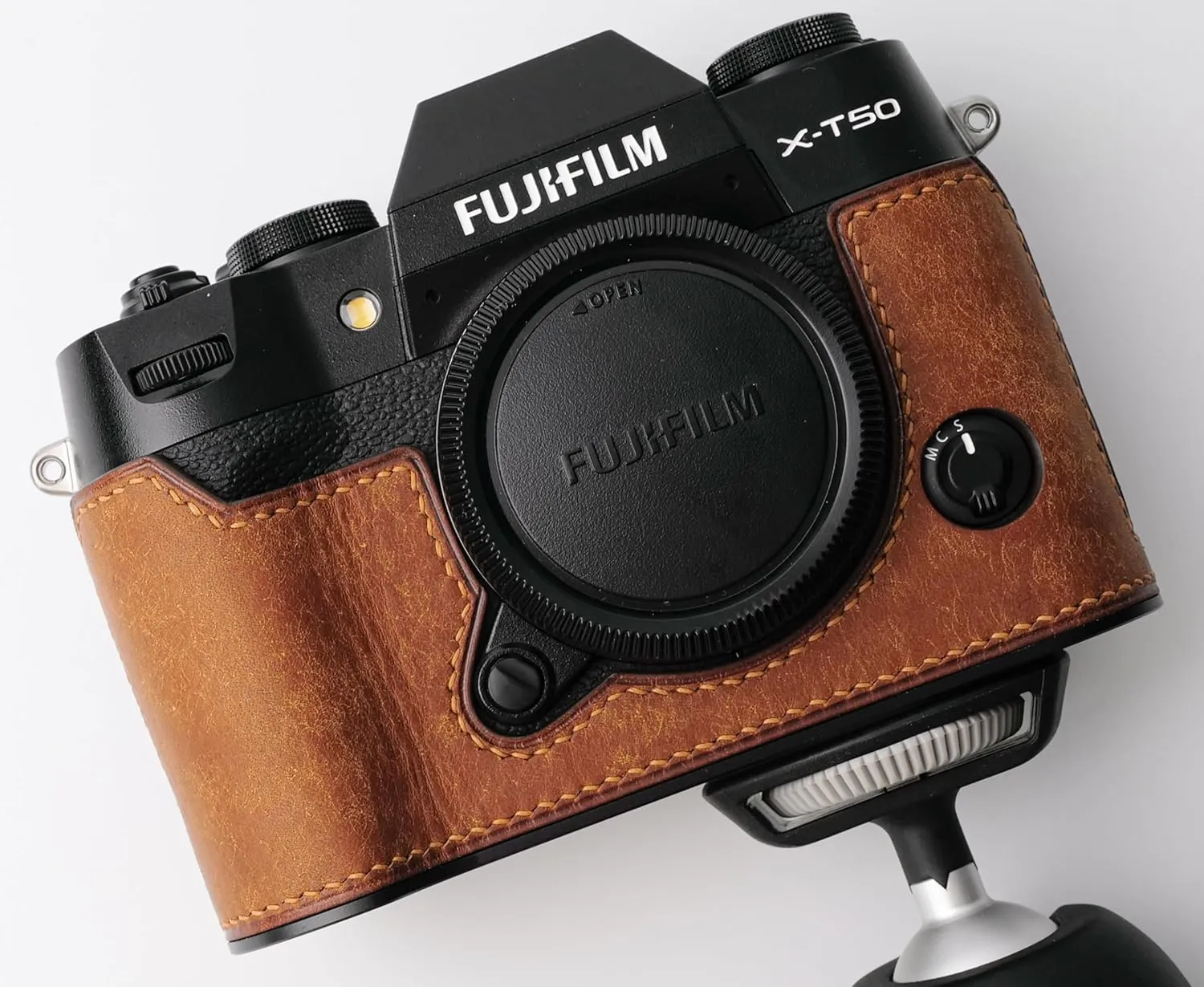 Handmade Genuine Leather Camera Half Case for Fujifilm X-T50 - Top Layer Cowhide Body   Metal Base Plate - Hand Shank Free Design (Yellowish Brown)